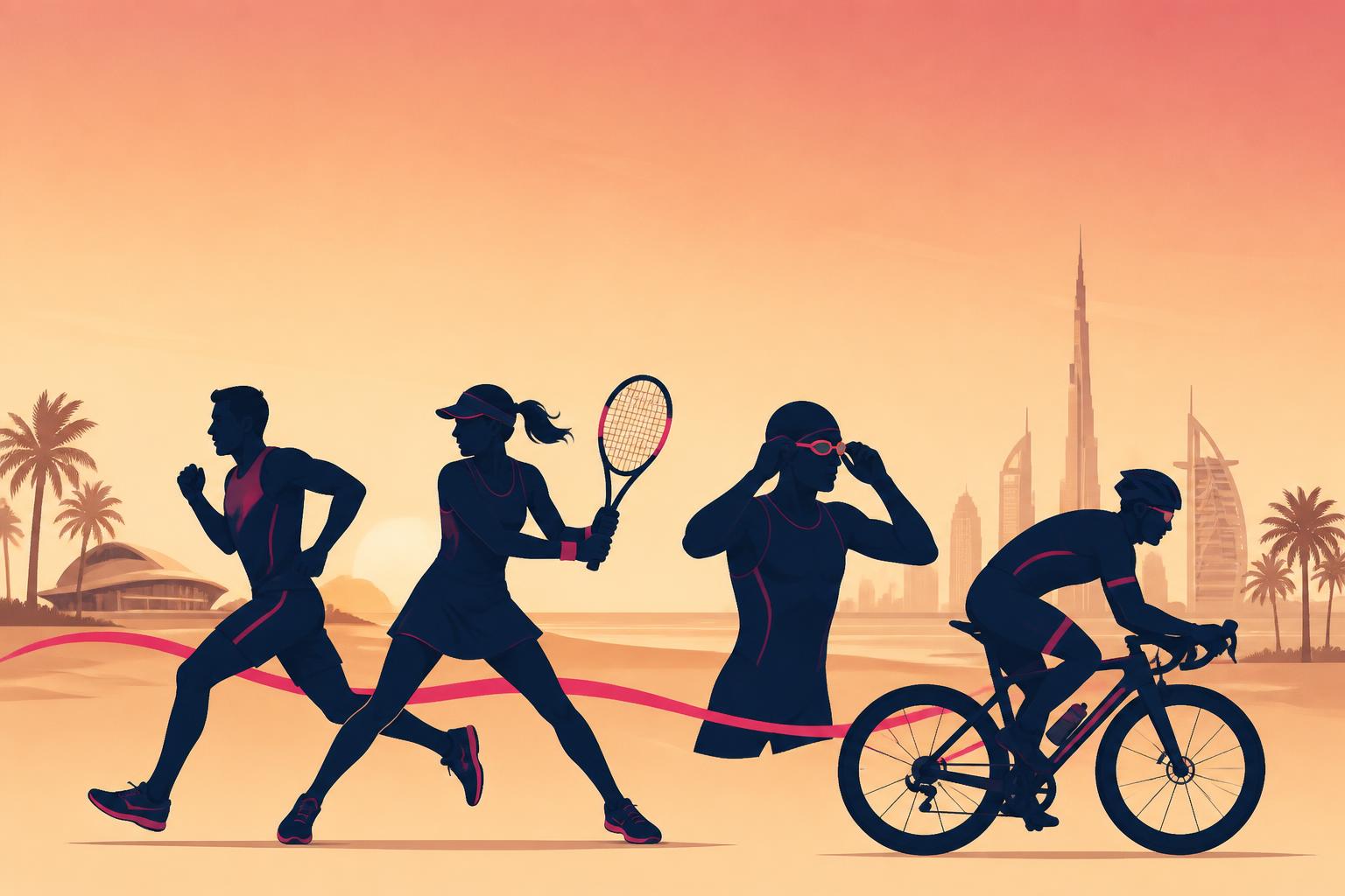 SLT-branded illustration of multi-sport athletes — runner, tennis player, swimmer and cyclist