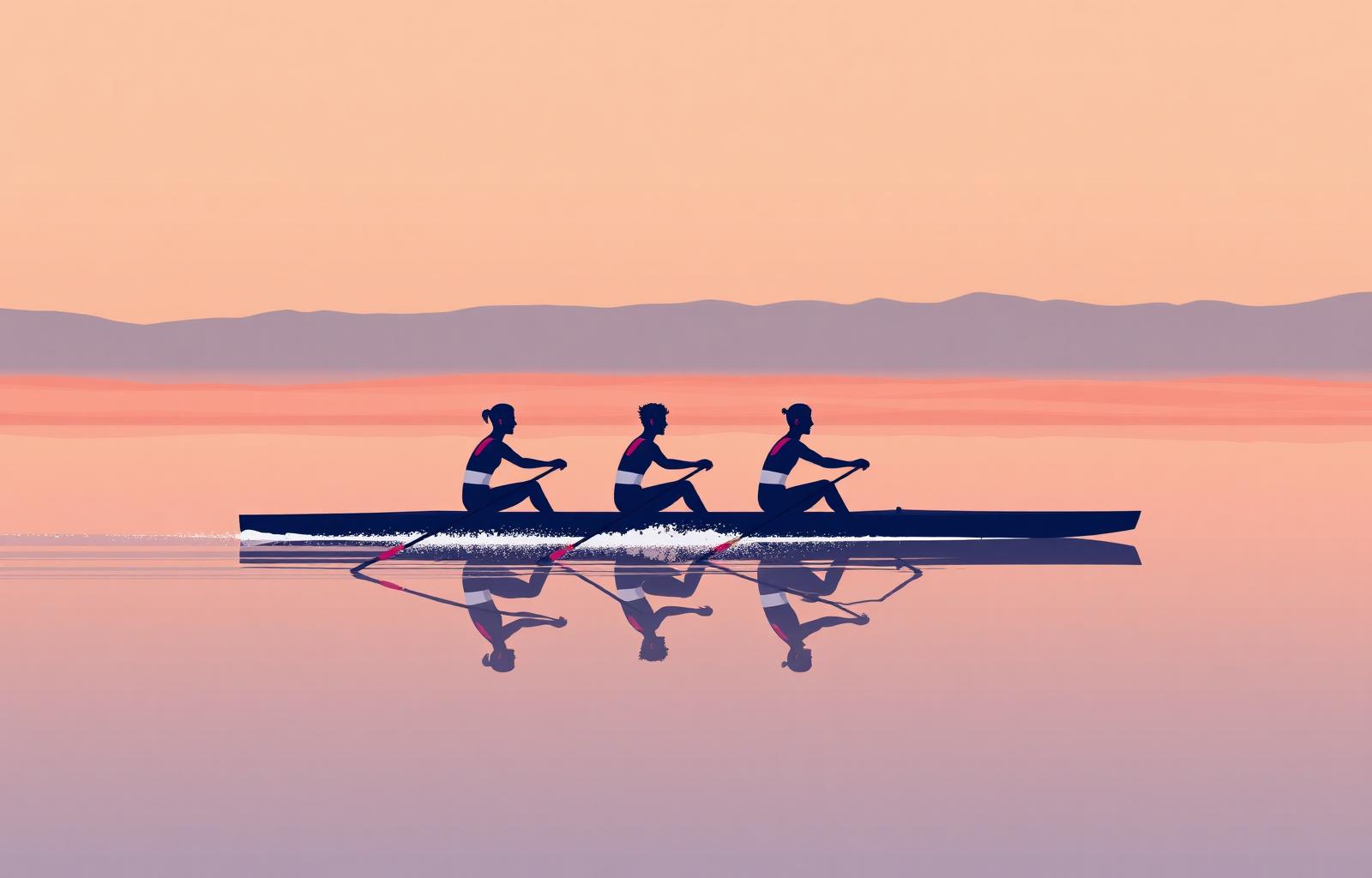 SLT-branded illustration of a coxless four rowing in unison on calm water at sunrise