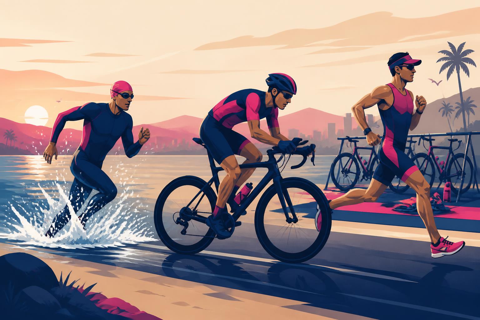SLT-branded illustration of a triathlon sequence — swimmer, cyclist and runner