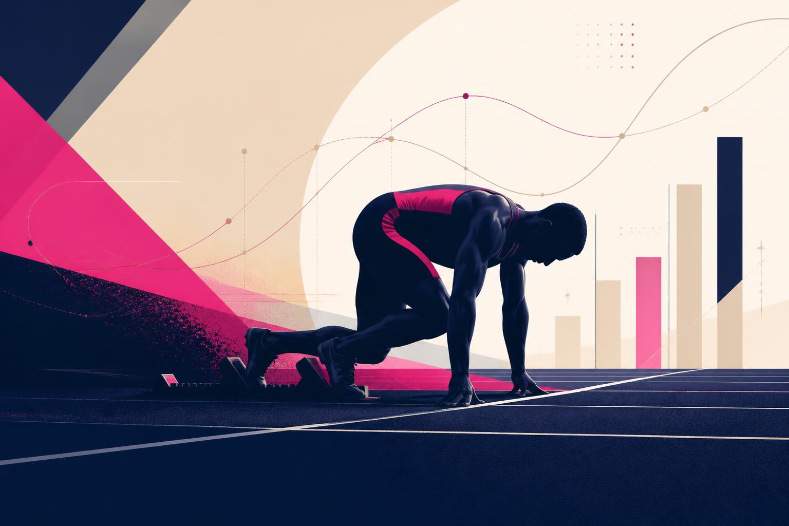 SLT-branded illustration of a sprinter at the starting blocks with performance data motifs