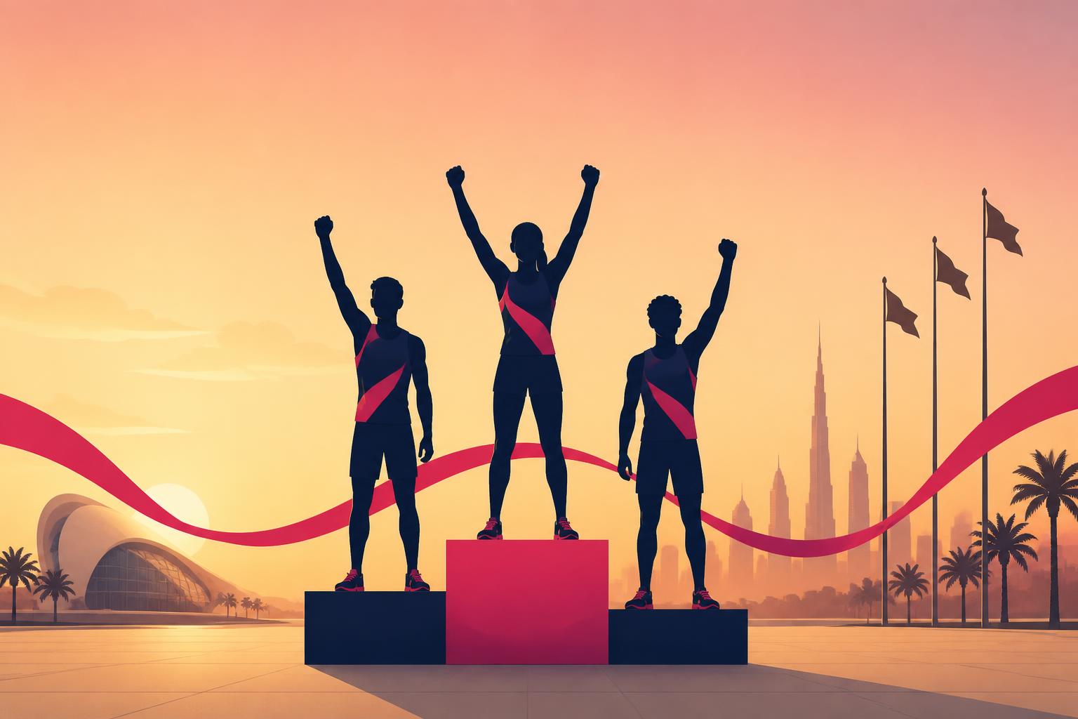 SLT-branded illustration of three athletes on an Olympic-inspired podium with arms raised