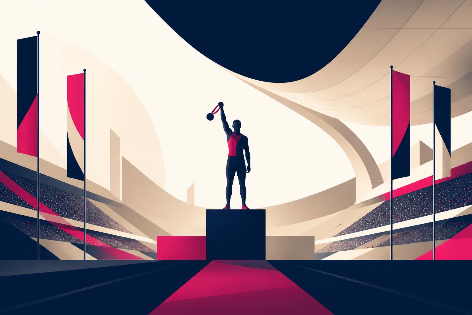 SLT-branded illustration of an elite athlete on a podium in a stadium with flags