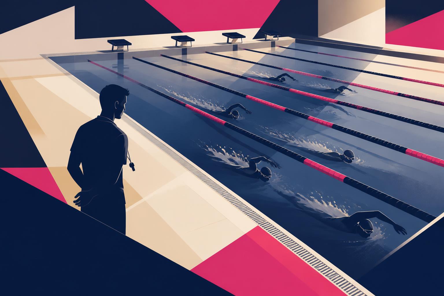 SLT-branded illustration of swimmers training in parallel pool lanes with a coach