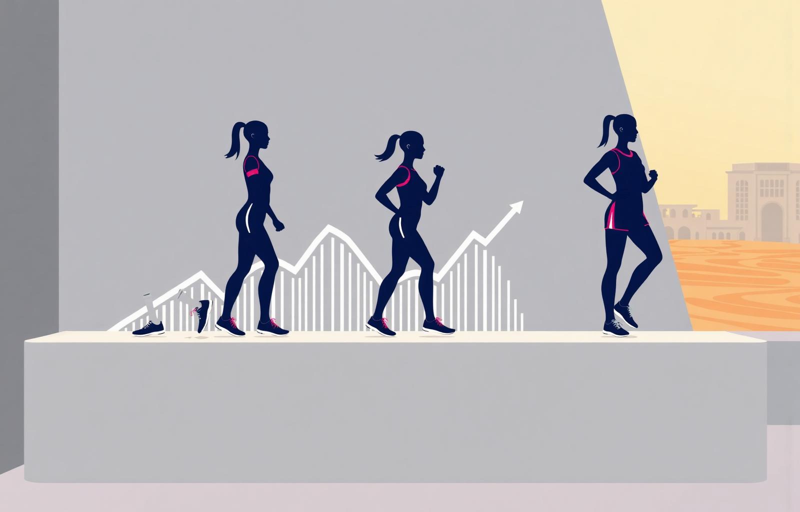 SLT-branded illustration of female athletes ascending pathway steps from grassroots to high performance