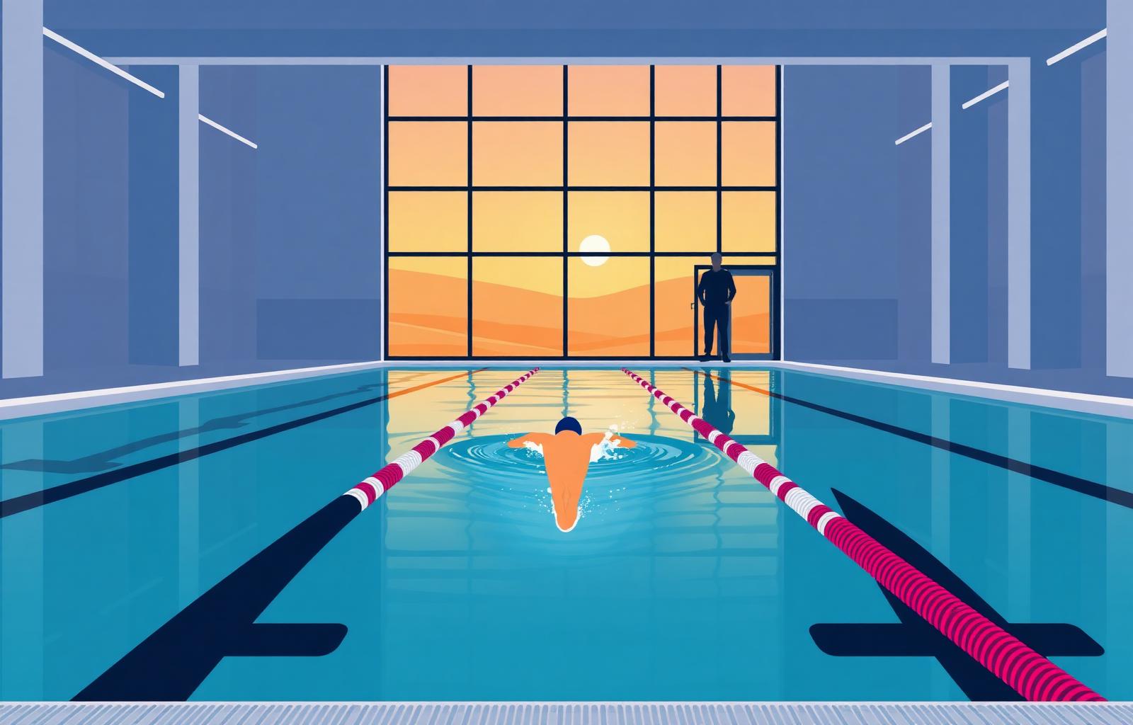 SLT-branded illustration of pool swimming training with a swimmer mid-stroke and coach poolside