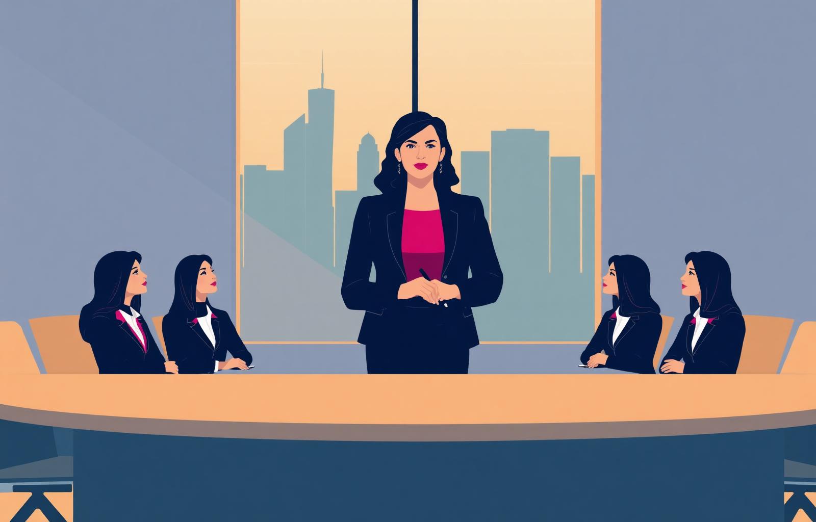 SLT-branded illustration of a women's leadership cohort in a modern boardroom with a UAE skyline