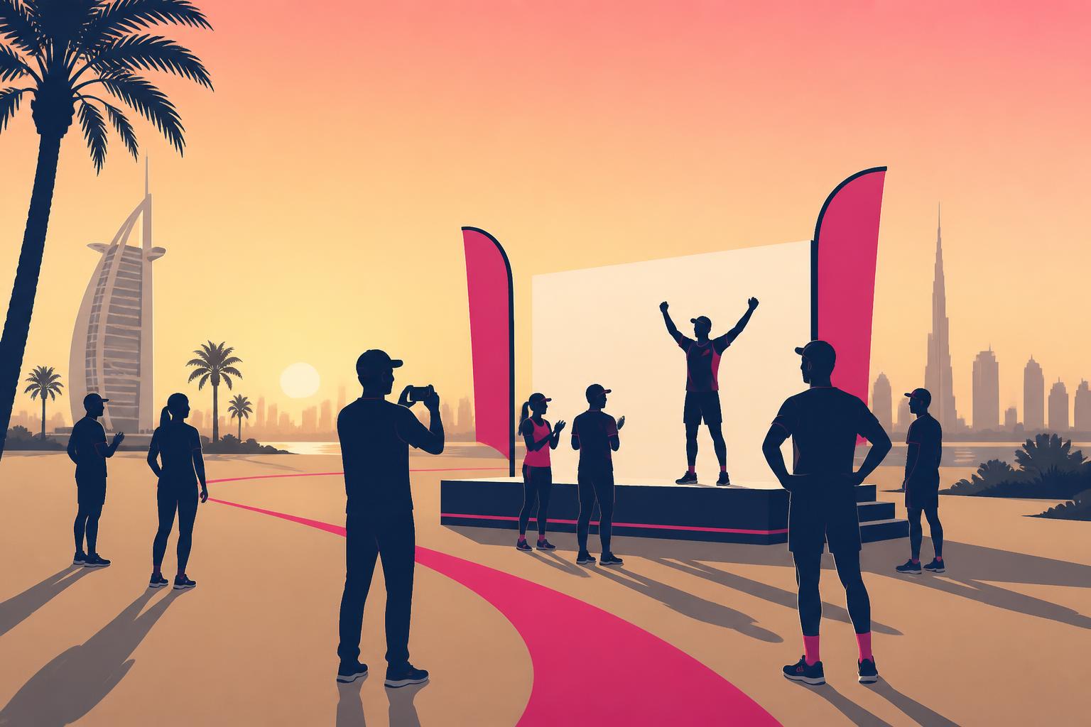 SLT-branded illustration of a sports activation stage with participants gathered at sunset