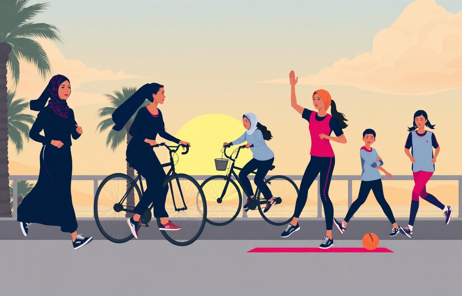 SLT-branded illustration of inclusive community sport for women and girls on a UAE corniche at sunrise