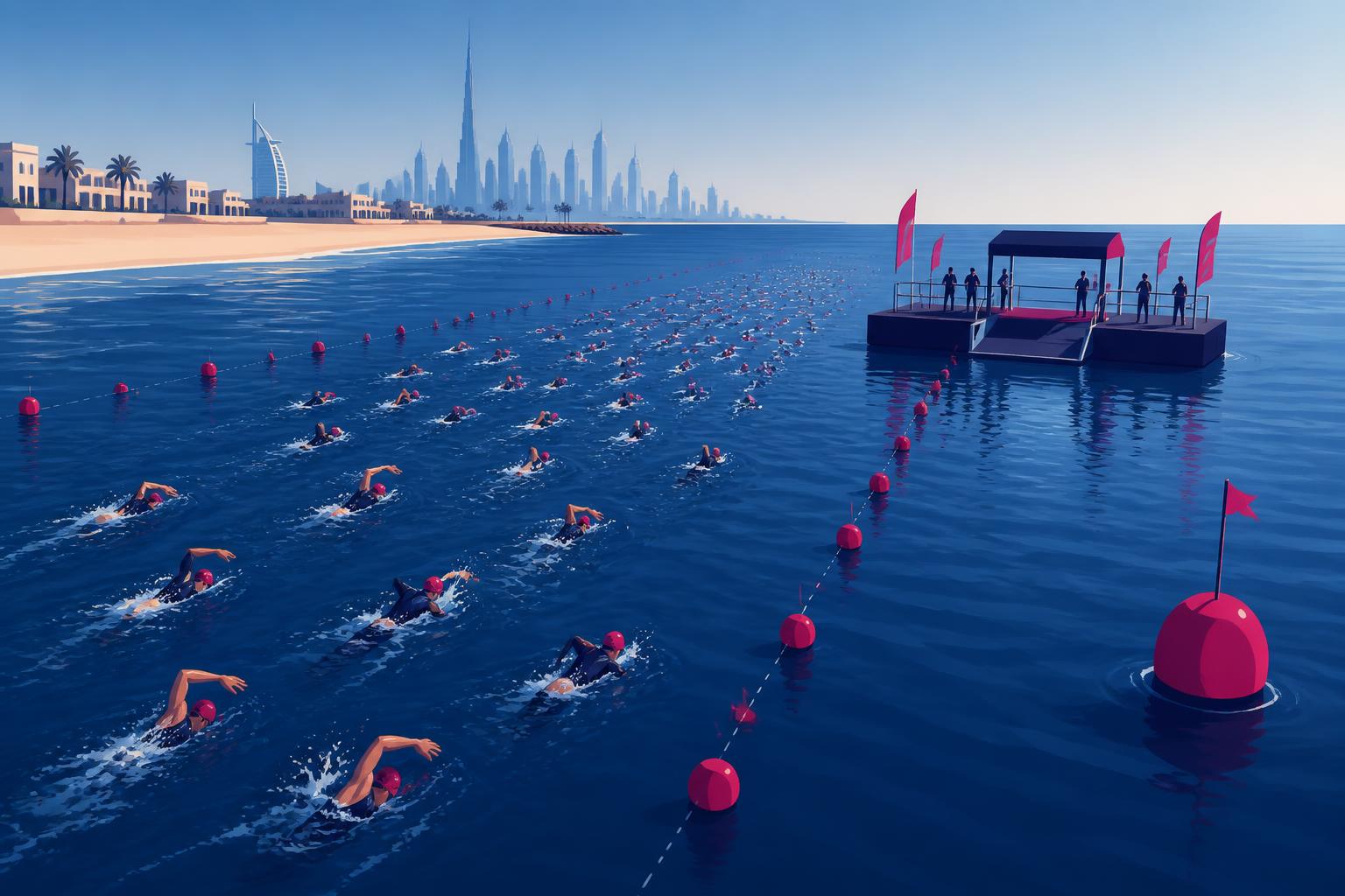 SLT-branded illustration of an open-water swimming event with swimmers, buoys and a finish pontoon