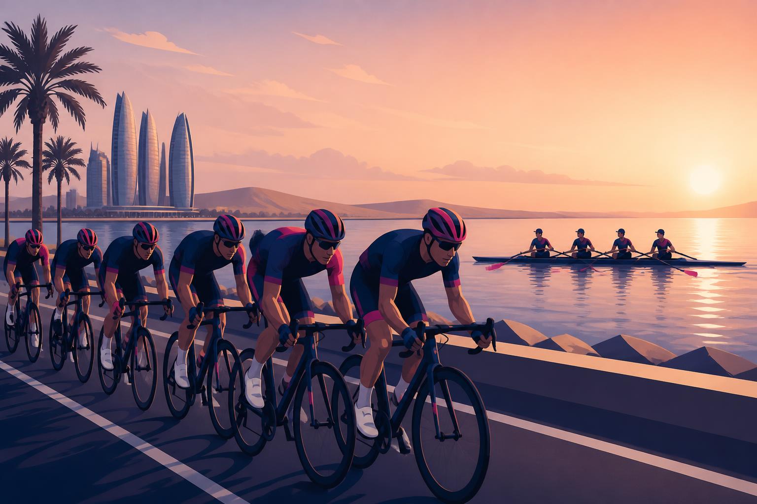 SLT-branded illustration of a road cycling peloton with a rowing four on calm water