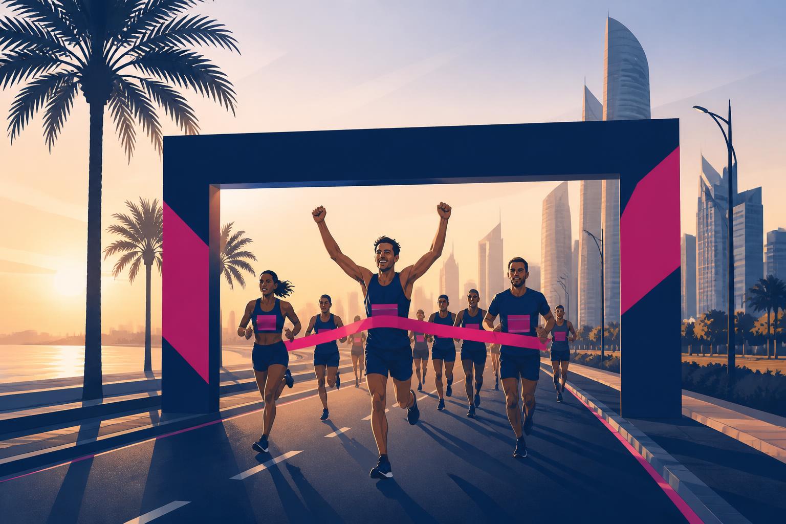 SLT-branded illustration of runners crossing a finish gantry on a UAE corniche at sunrise