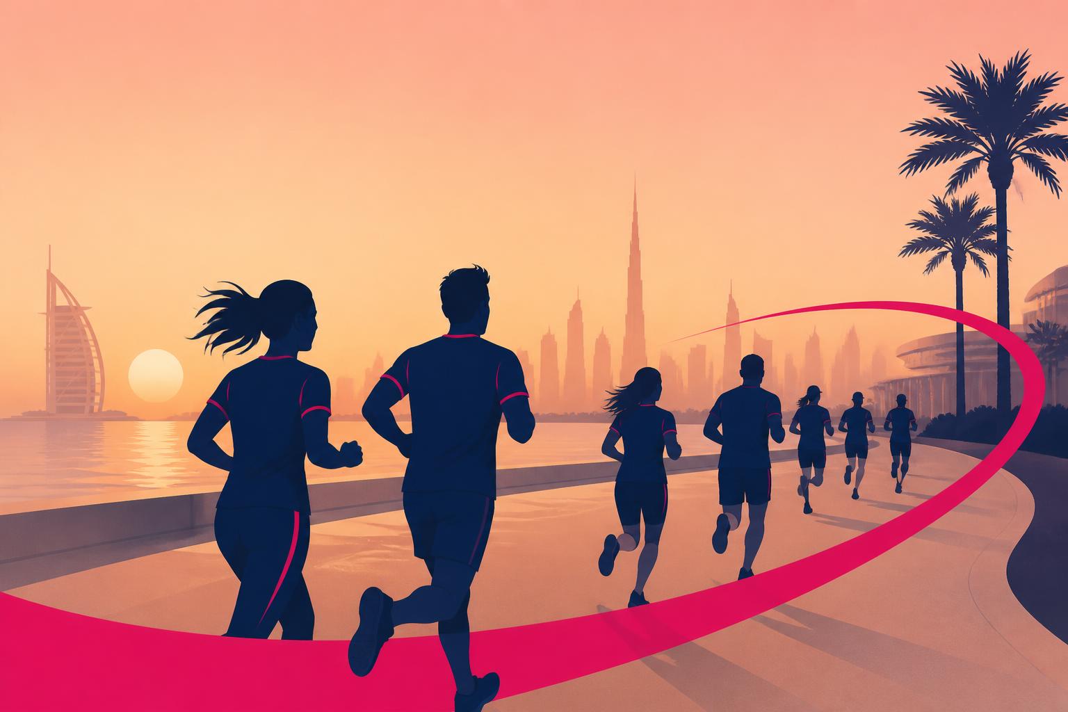 SLT-branded illustration of employees running together along a UAE corniche at sunrise