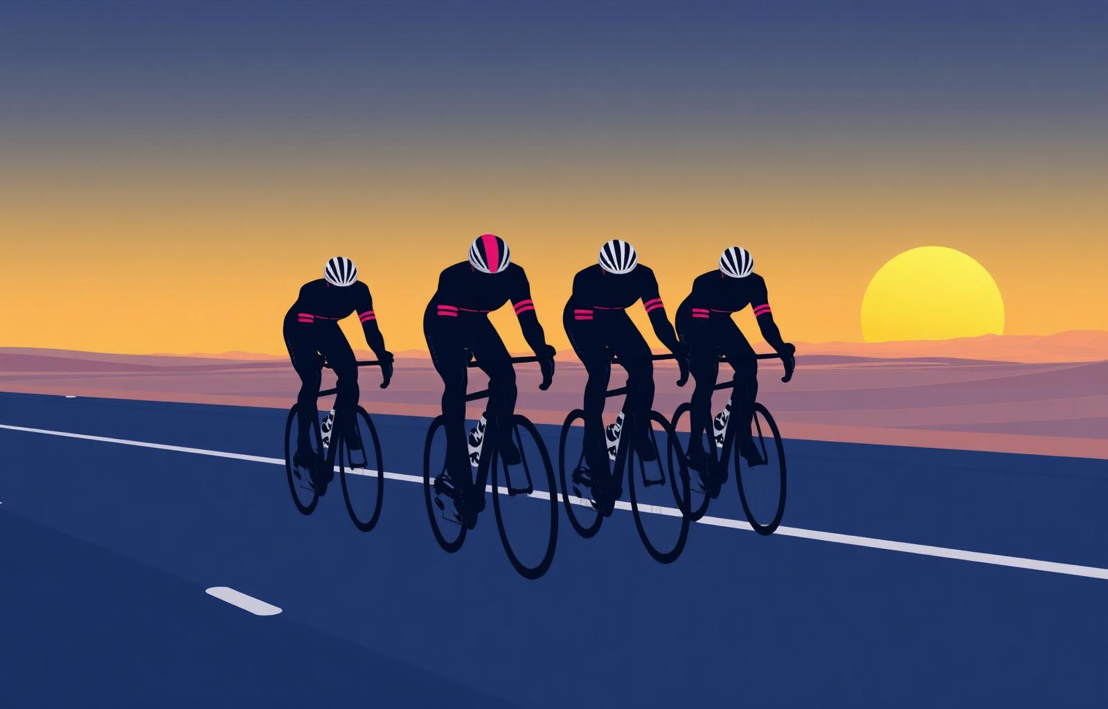 SLT-branded illustration of a small road cycling peloton in aero formation at sunrise