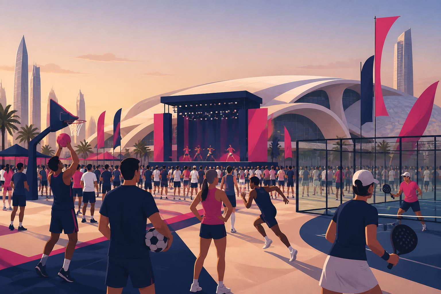 SLT-branded illustration of a multi-sport festival plaza with multiple disciplines and banners