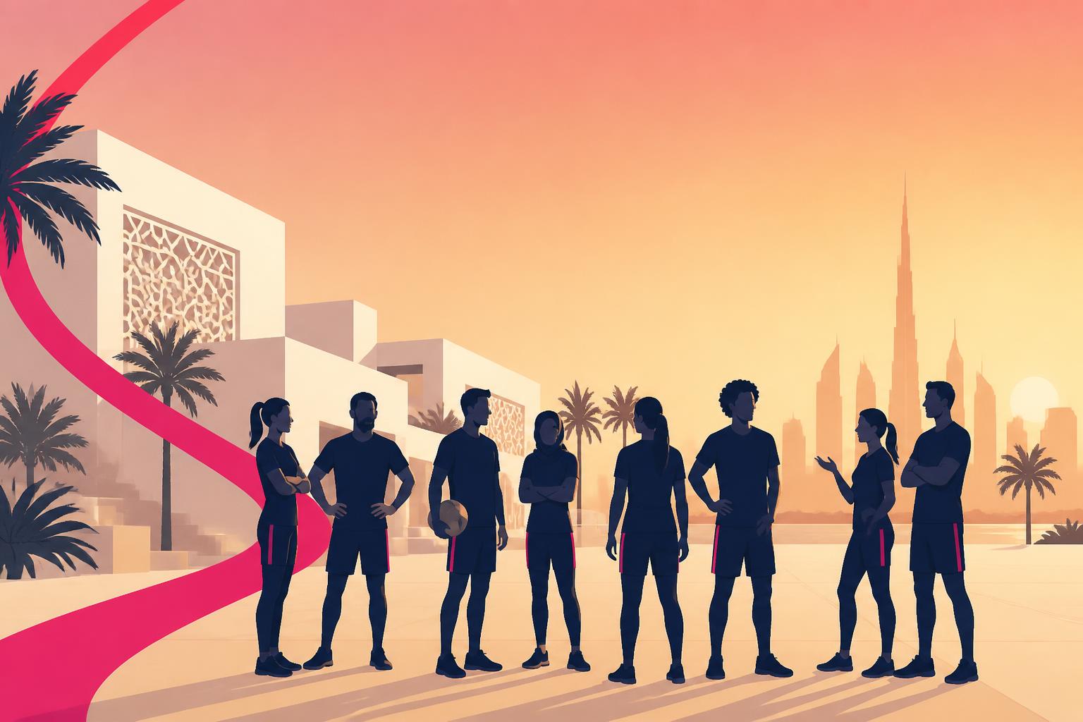 SLT-branded illustration of employees gathered for a corporate sports day with UAE architecture