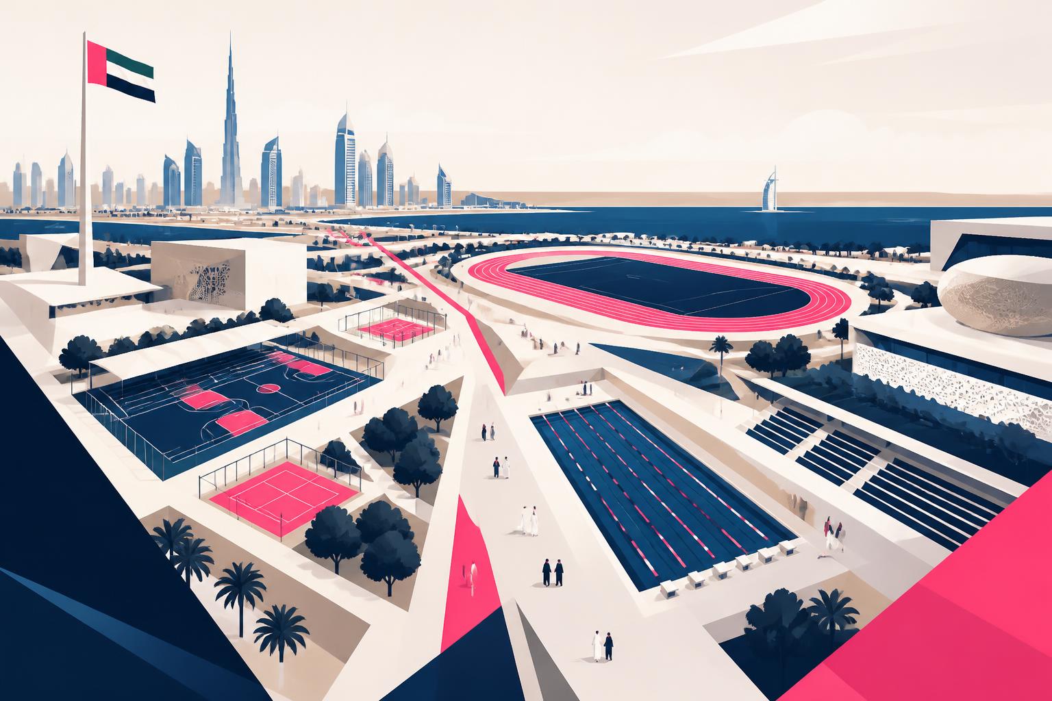 SLT-branded illustration of a national sports complex with UAE civic skyline