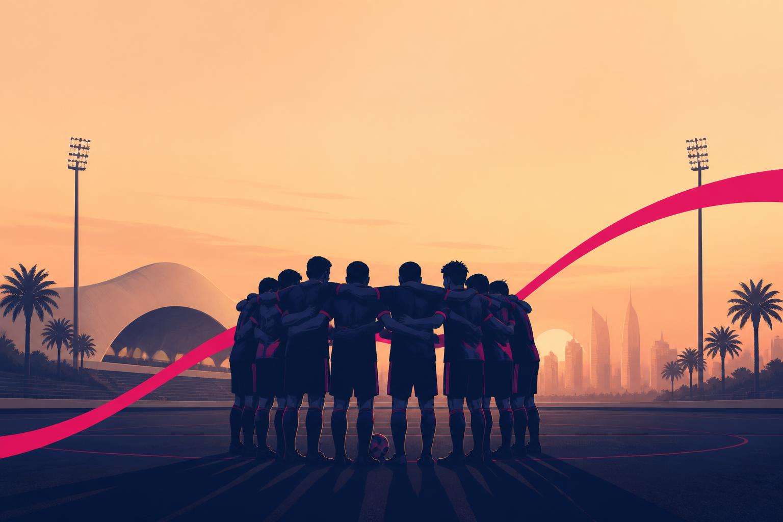 SLT-branded illustration of a football team huddled together on a pitch at sunset
