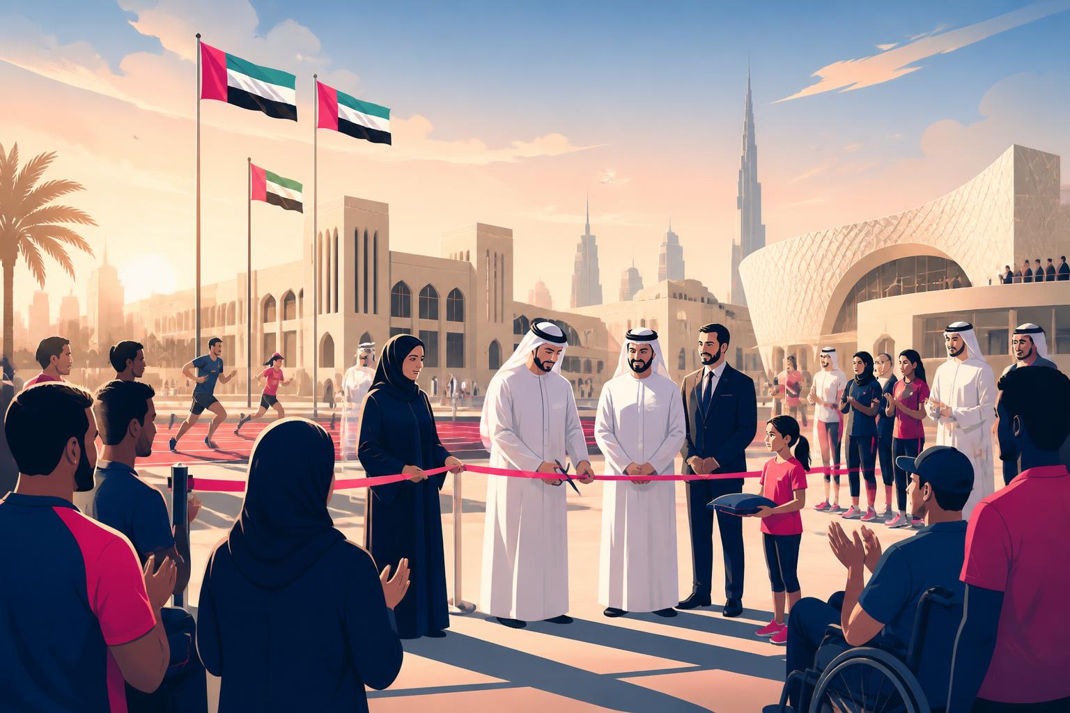 SLT-branded illustration of a government and community sports event with UAE flags and officials