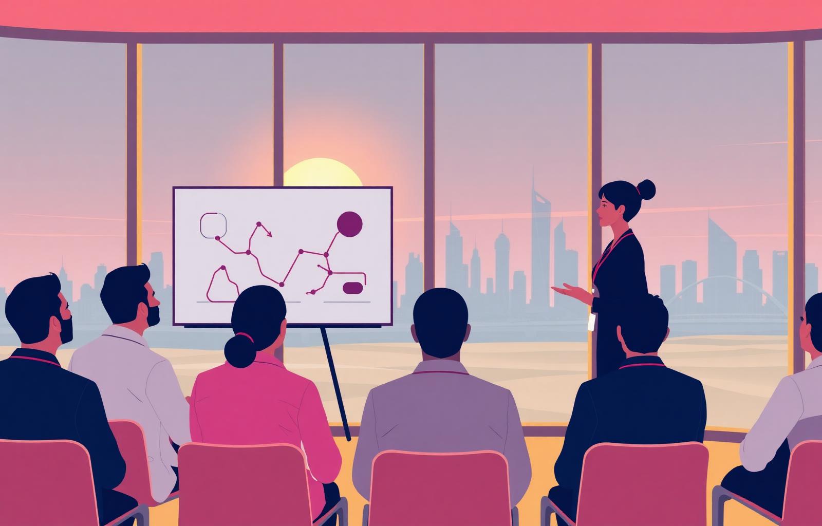 SLT-branded illustration of a coaching workshop with a female facilitator and seated cohort