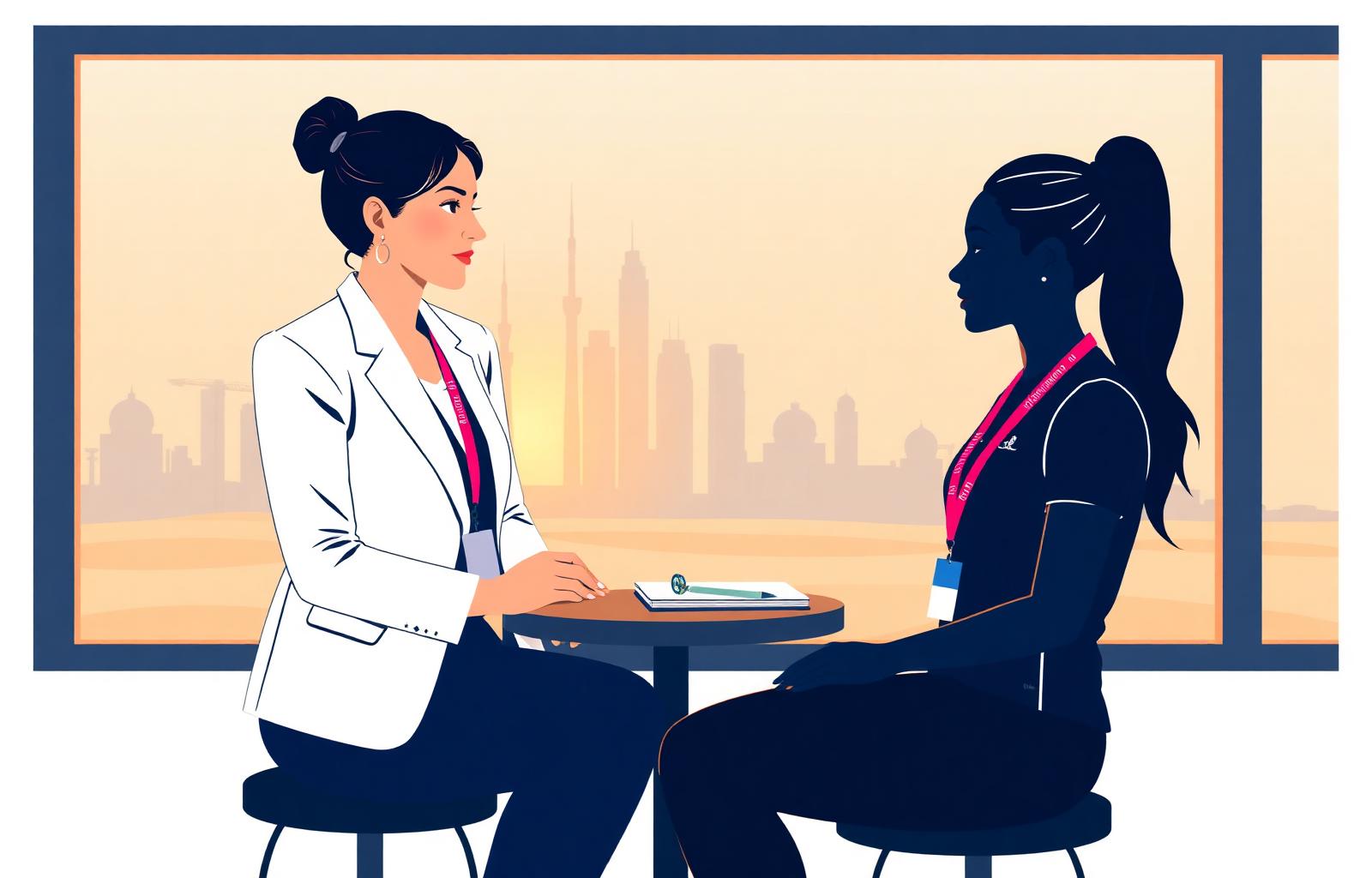 SLT-branded illustration of a senior female mentor in conversation with a younger female athlete