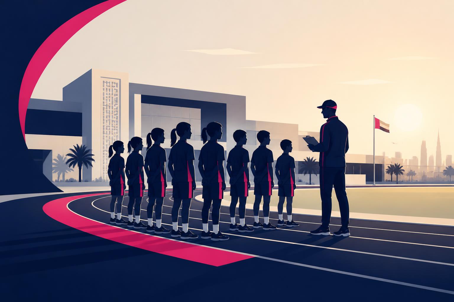 SLT-branded illustration of school athletes lining up on a track with a coach