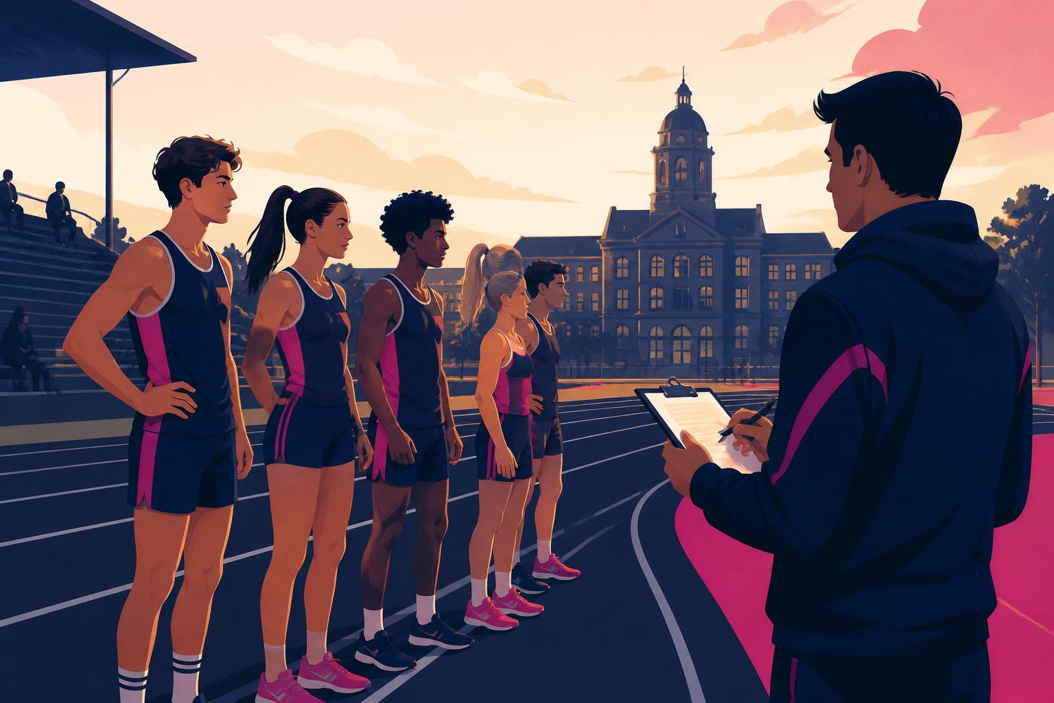 SLT-branded illustration of school and university athletes lining up on a track with a coach