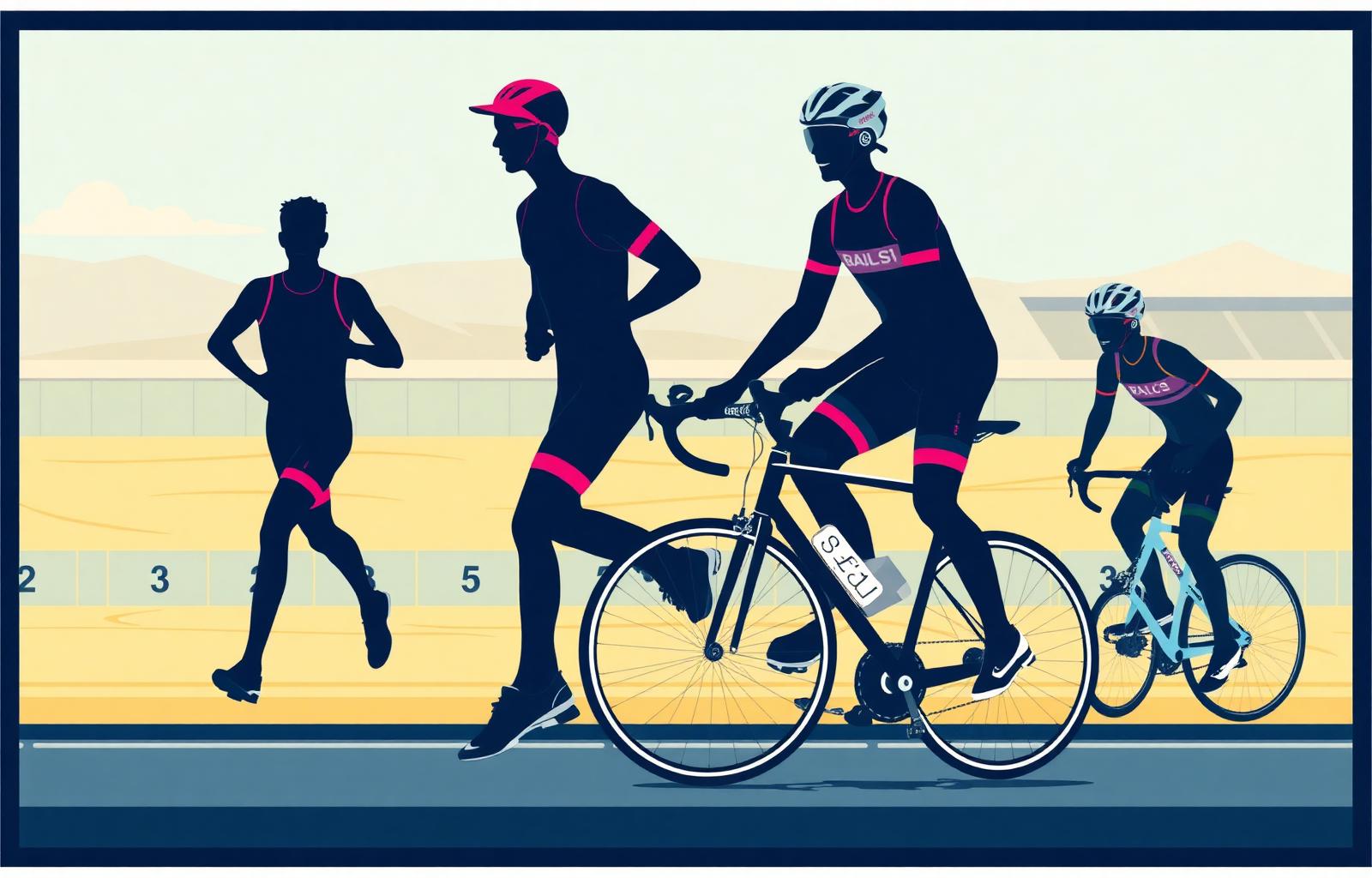 SLT-branded illustration of duathlon training with runners and a cyclist in a transition zone
