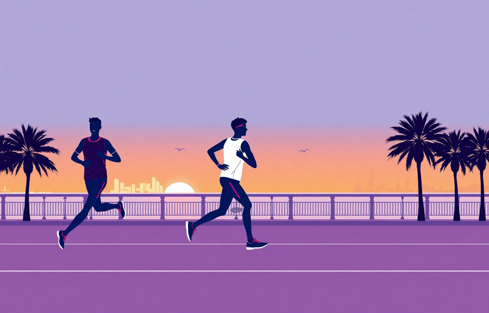 SLT-branded illustration of endurance runners training along a UAE corniche at sunrise
