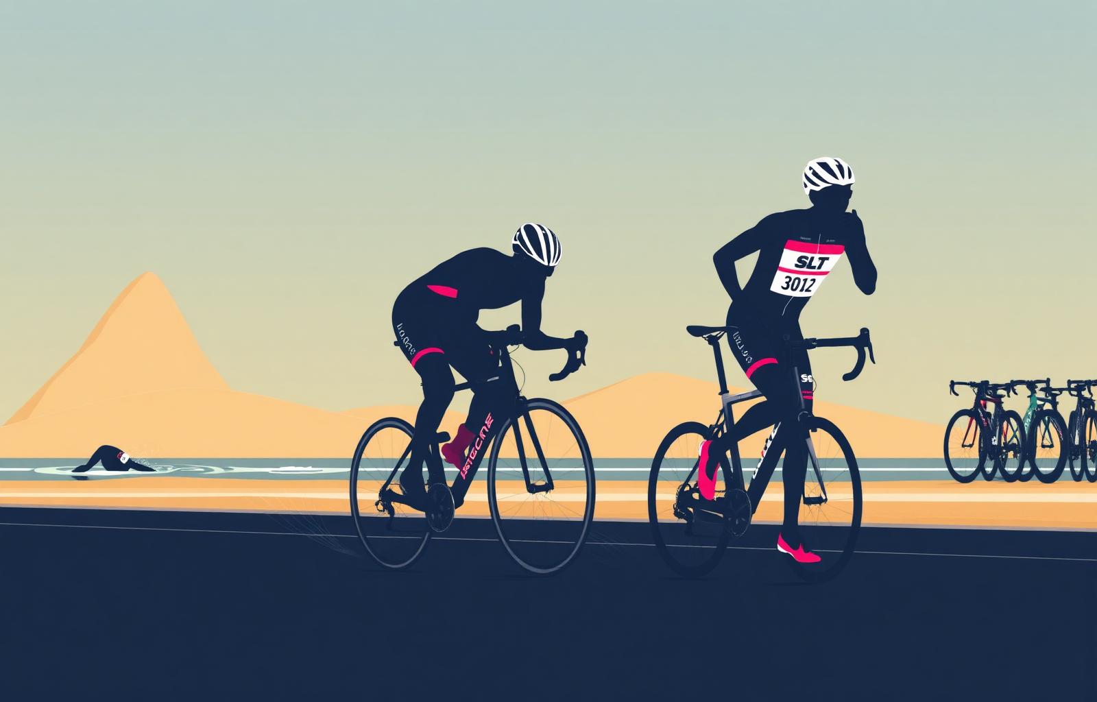 SLT-branded illustration of a triathlon training scene with swimmer, cyclist and runner