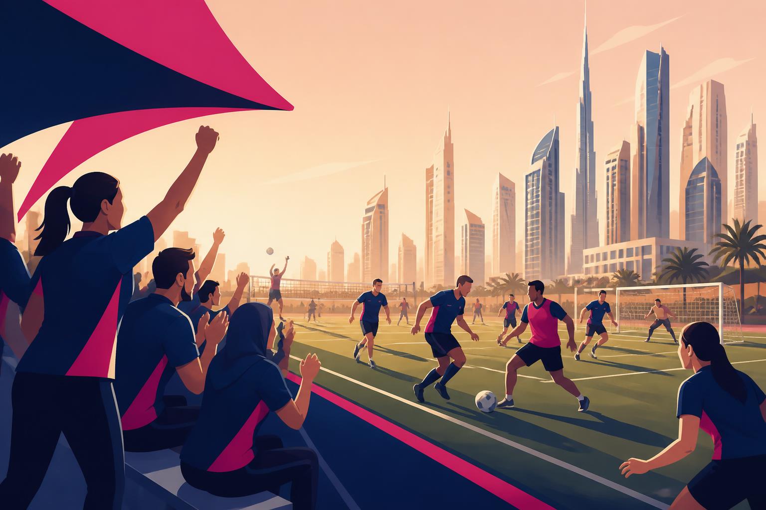SLT-branded illustration of a corporate sports event with employees competing in branded kit